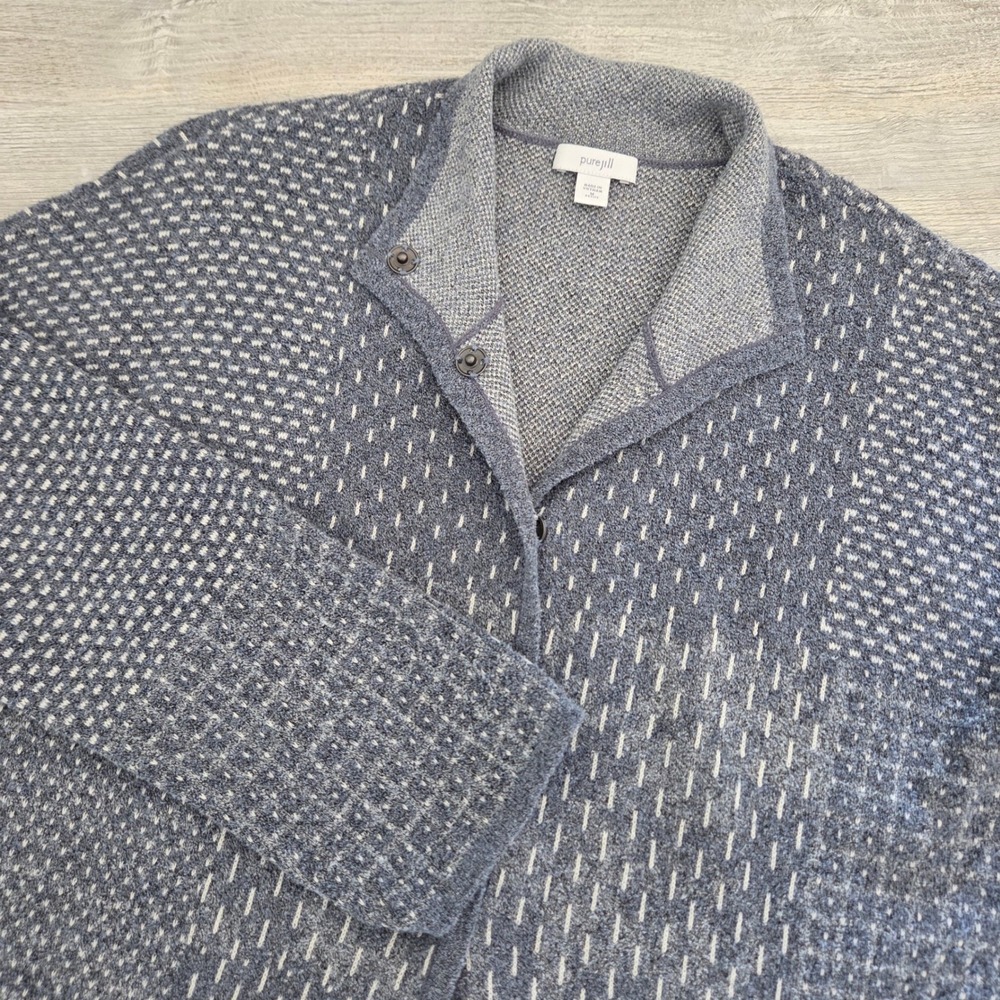 Pure Jill Cardigan Blue White Jacquard Snap Neck Sweater Women Medium Petite MP
